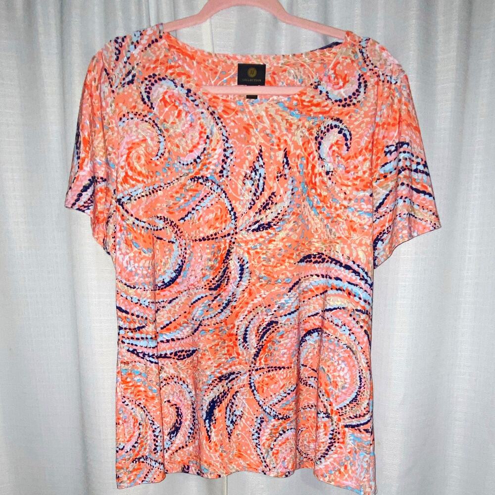 JM Collection Women's L Orange/Blue Abstract Print Round Neck Pullover T-Shirt